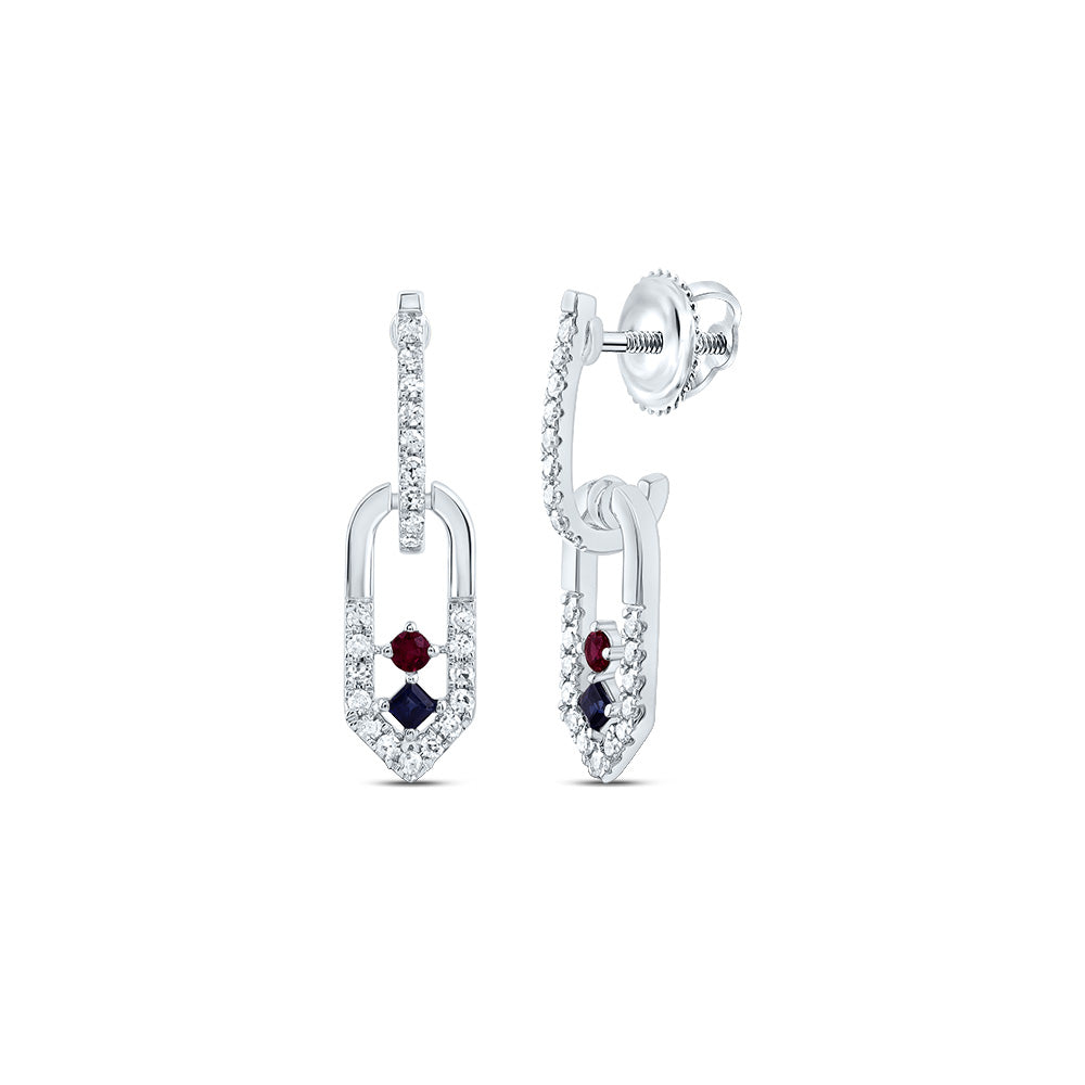 14kt White Gold 1/6 Cttw Natural Diamond 1.6mm Round ru, 1.5mm Pr Blue Sapphire Natural Gem Paper Clip Dangling Earring