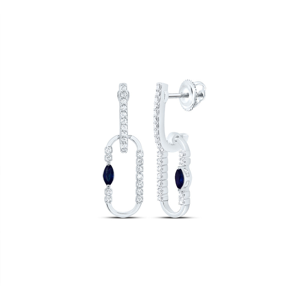 14kt White Gold 1/8 Cttw Natural Diamond 3x2mm Marquise Blue Sapphire Natural Gem Paper Clip Dangling Earring