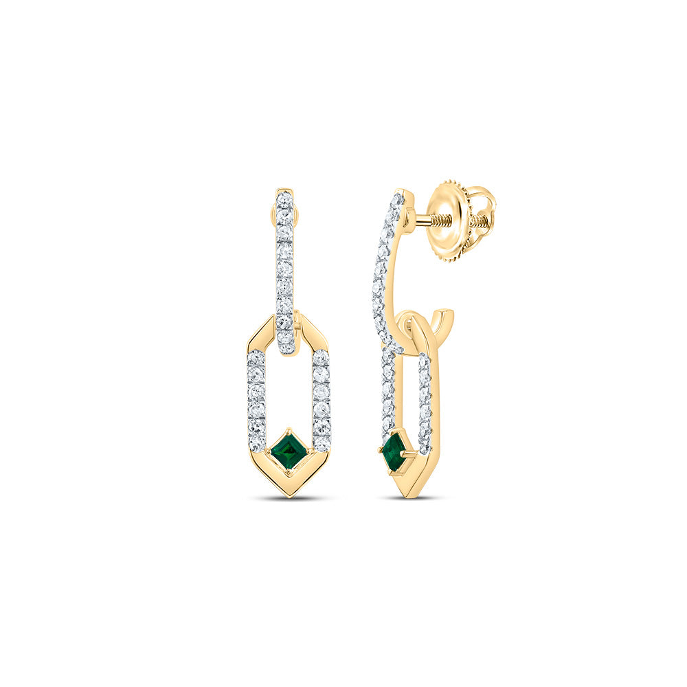 14kt Yellow Gold 1/6 Cttw Natural Diamond 1.7mm Pr Emerald Natural Gem Paper Clip Dangling Earring