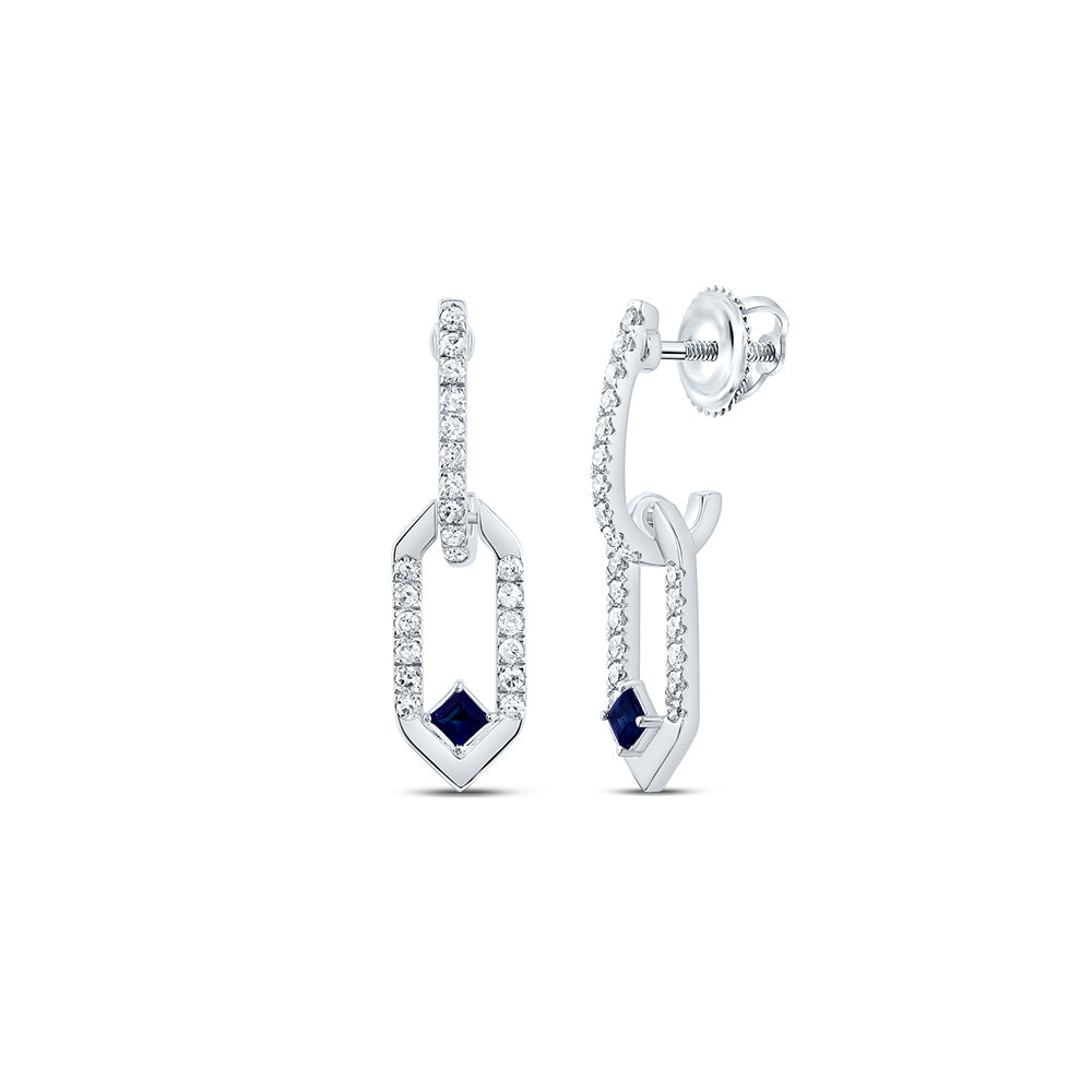 14kt White Gold 1/6 Cttw Natural Diamond 1.7mm Pr Blue Sapphire Natural Gem Paper Clip Dangling Earring