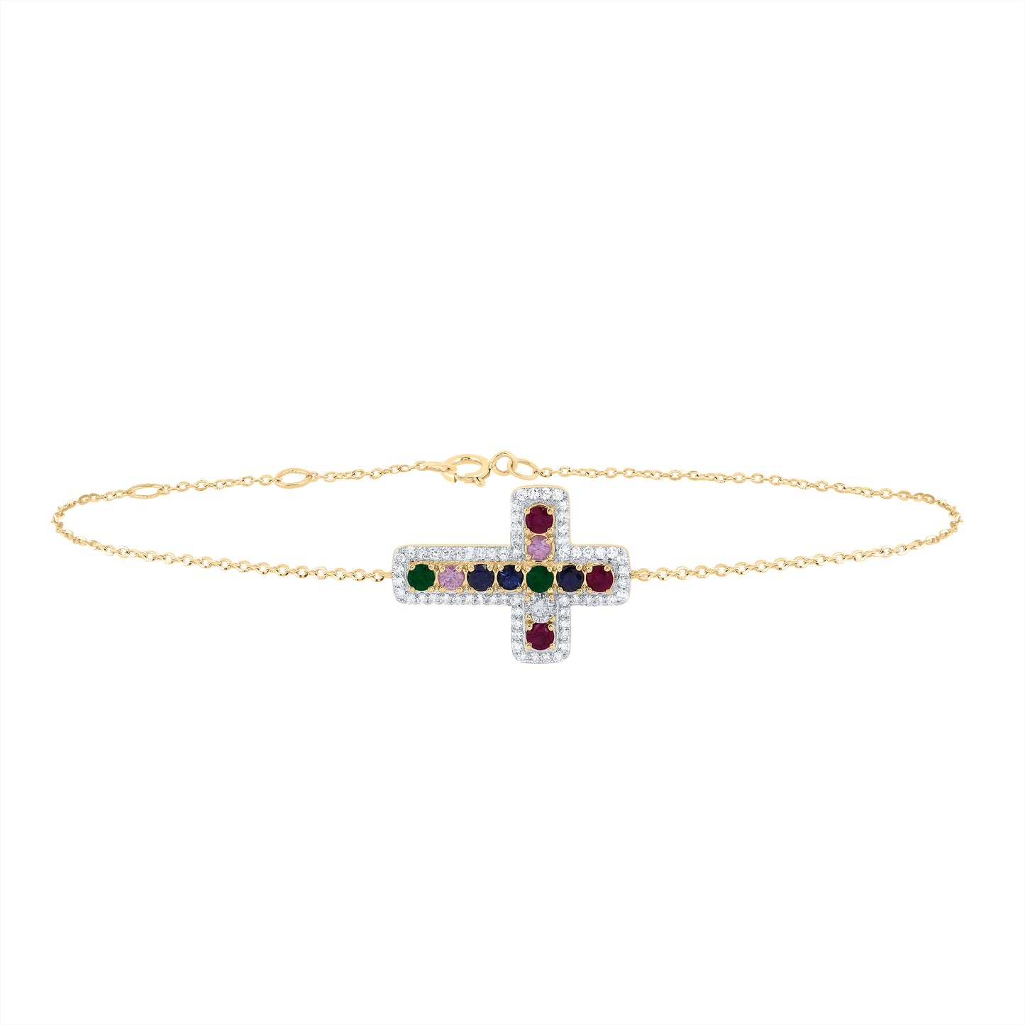 10kt Yellow Gold 1/4 Cttw Natural Diamond and 1/2 Cttw Round Natural Gem Multicolor Sapphire Cross Bracelet, Length: 7 Inch