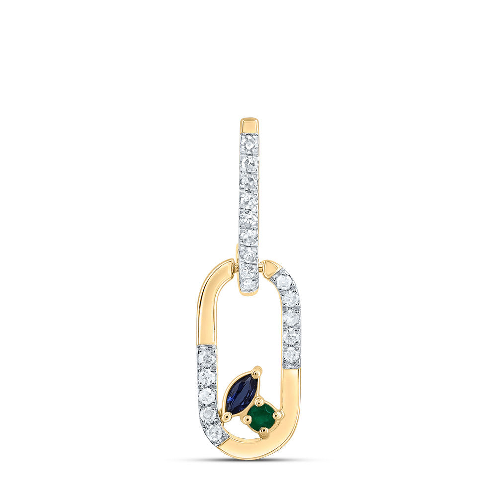 14kt Yellow Gold 1/12 Cttw Diamond 1.6mm Round em, 3x2mm Marquise Blue Sapphire Natural Gem Paper Clip Pendant