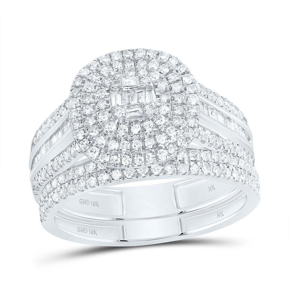 10kt White Gold 7/8 Cttw Diamond Cushion Double Halo Wedding Engagement Anniversary Bridal Set, Women Size: 5-9