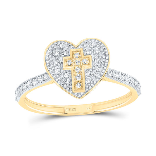 10kt Yellow Gold 1/5 Cttw Natural Diamond Cross Heart Wedding Engagement Anniversary Ring, Women Size: 5-9