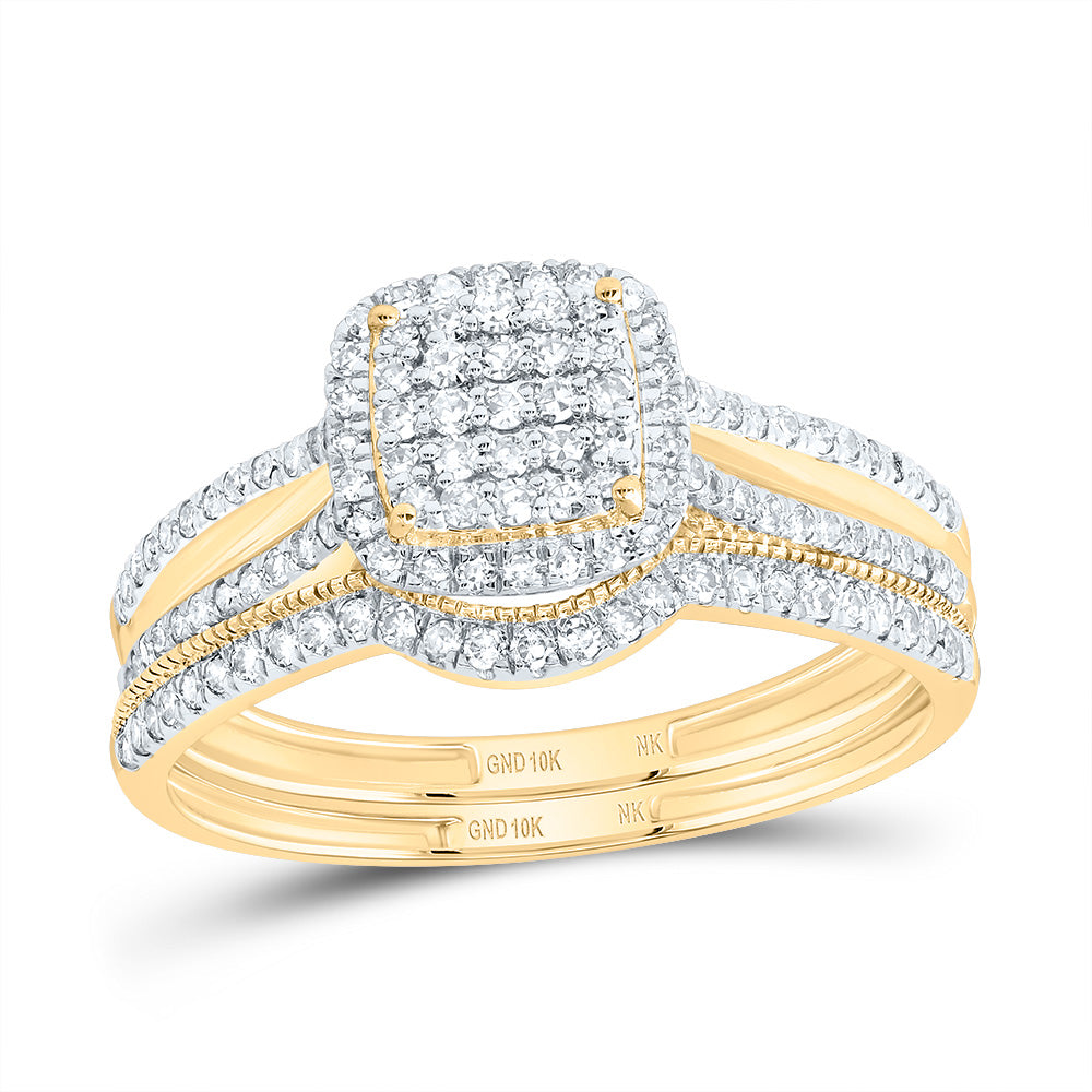 10kt Yellow Gold 1/2 Cttw Diamond Cushion Single Halo Wedding Engagement Anniversary Bridal Set, Women Size: 5-9