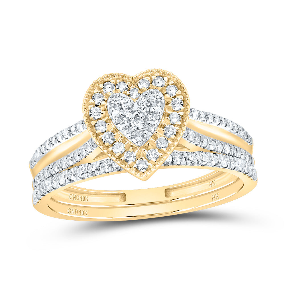 10kt Yellow Gold 3/8 Cttw Natural Diamond Heart Single Halo Wedding Engagement Anniversary Bridal Set, Women Size: 5-9