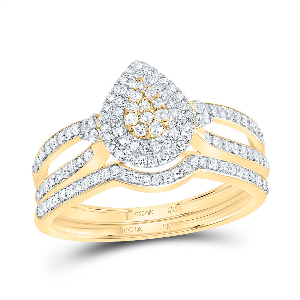 10kt Yellow Gold 1/2 Cttw Diamond Pear Double Halo Wedding Engagement Anniversary Bridal Set, Women Size: 5-9