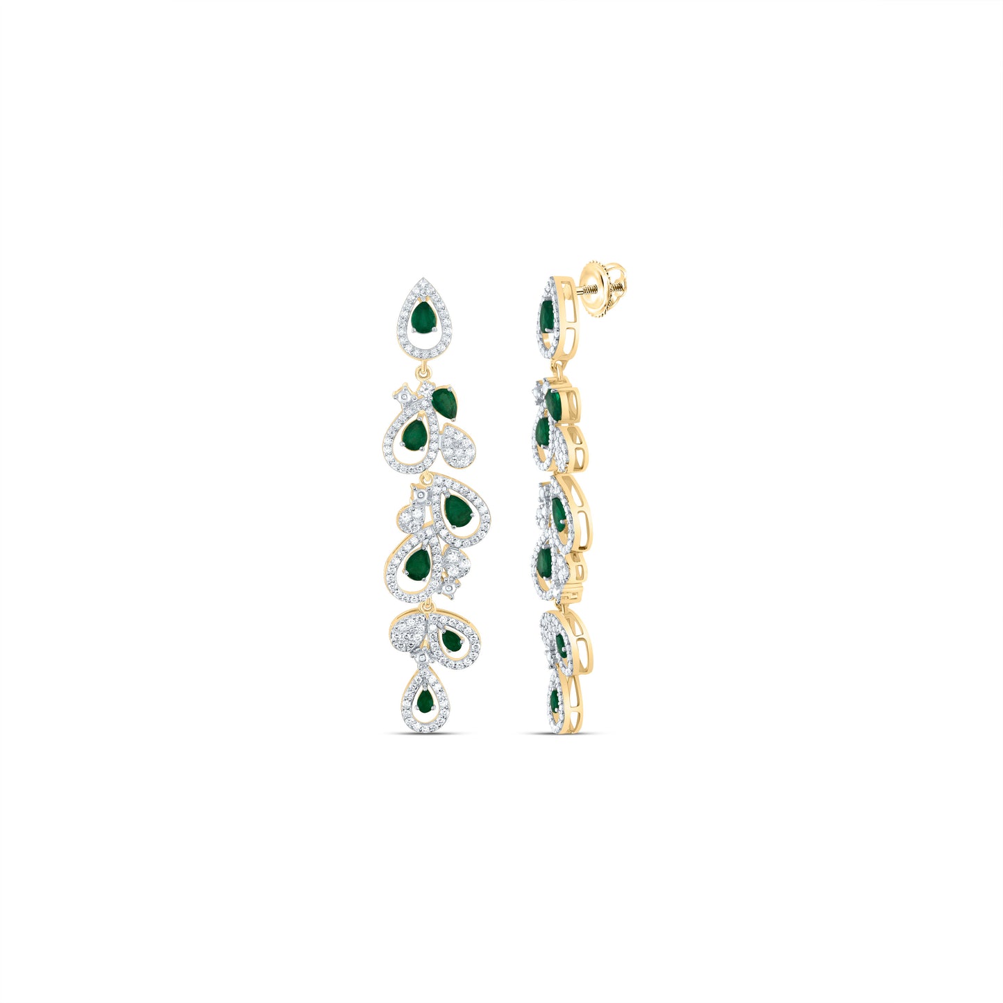 14kt Yellow Gold 1 1/4 Cttw Diamond Ana M and 1 5/8 Cttw Pear Emerald Natural Gem Dangling Earring