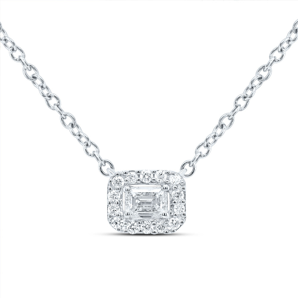 14kt White Gold 1/5 Cttw Diamond Fashion Emerald Necklace, Length: 18 Inch