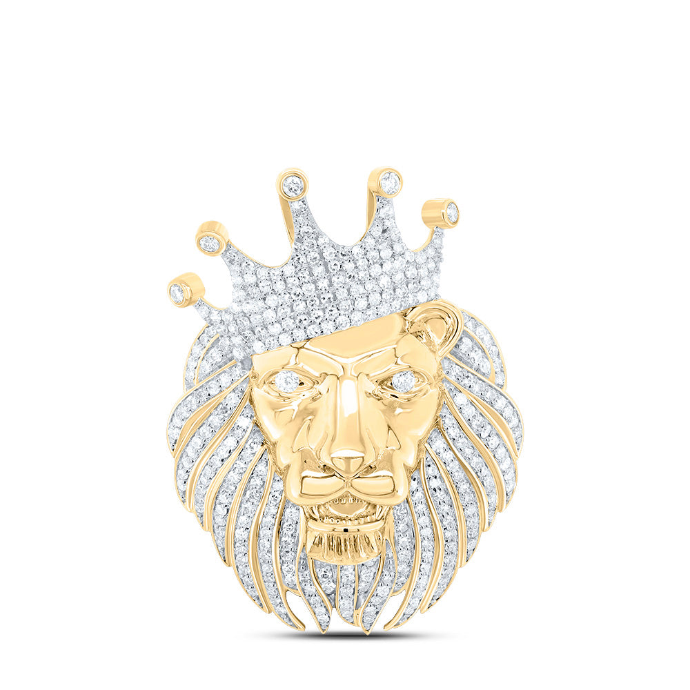 10K Yellow Gold 1 Ctw Diamond Lion Face Crown Men's Charm