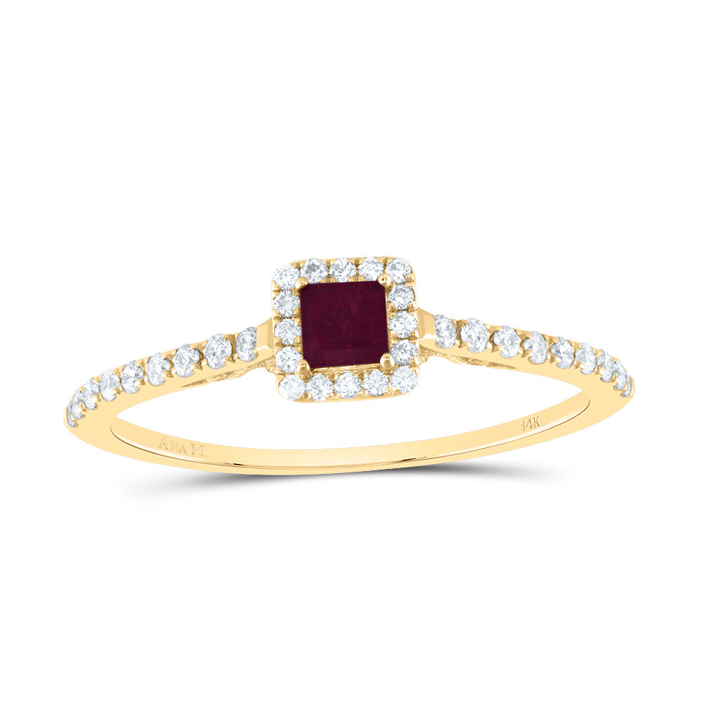 14kt Yellow Gold 1/5 Cttw Diamond Ana M 3mm Pr Ruby Natural Wedding Engagement Anniversary Gem Ring, Women Size: 5-9