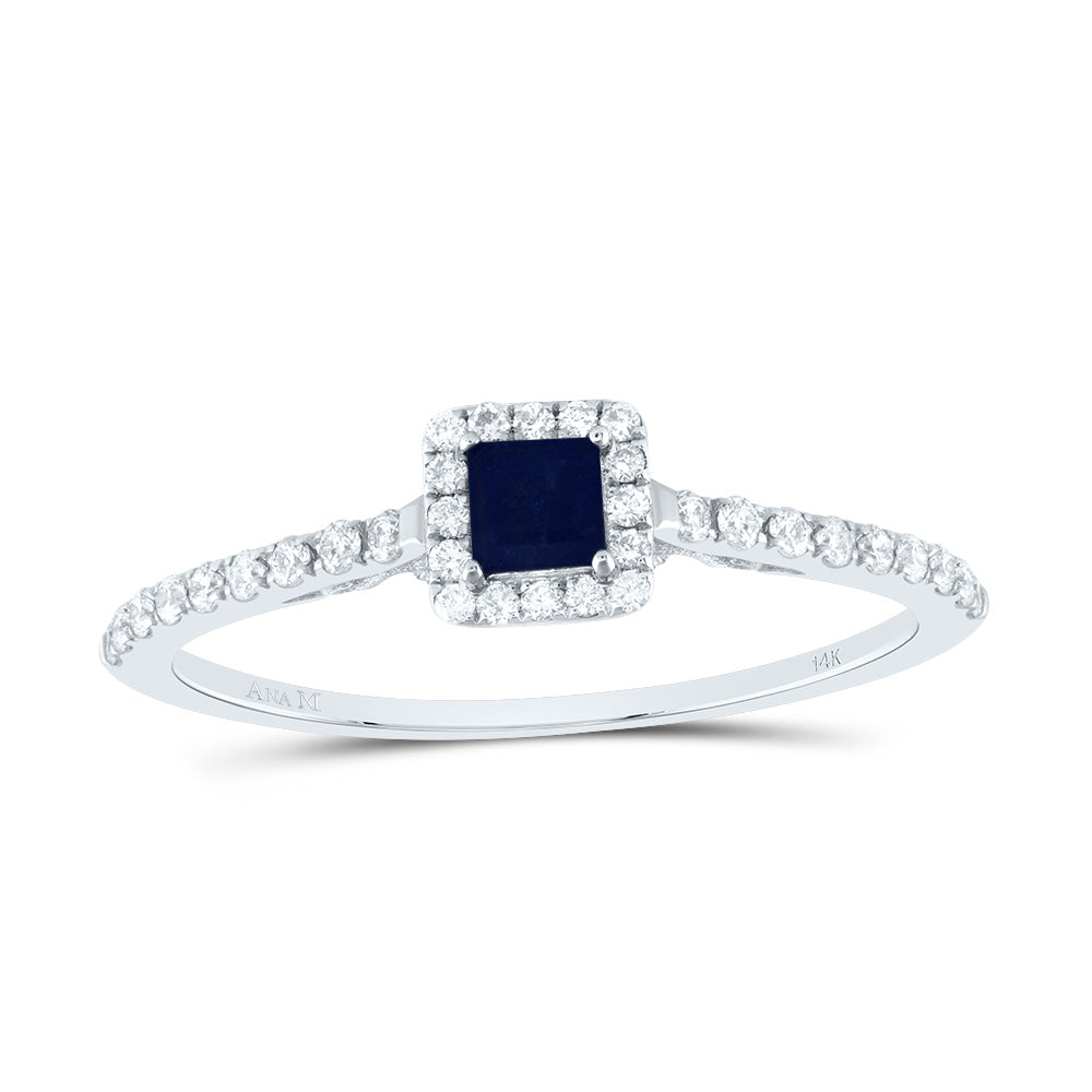 14kt White Gold 1/5 Cttw Diamond Ana M 3mm Pr Blue Sapphire Natural Wedding Engagement Anniversary Gem Ring, Women Size: 5-9