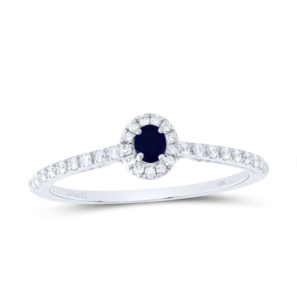 14kt White Gold 1/5 Cttw Diamond Ana M 3x2.5mm Oval Blue Sapphire Natural Wedding Engagement Anniversary Gem Ring, Women Size: 5-9