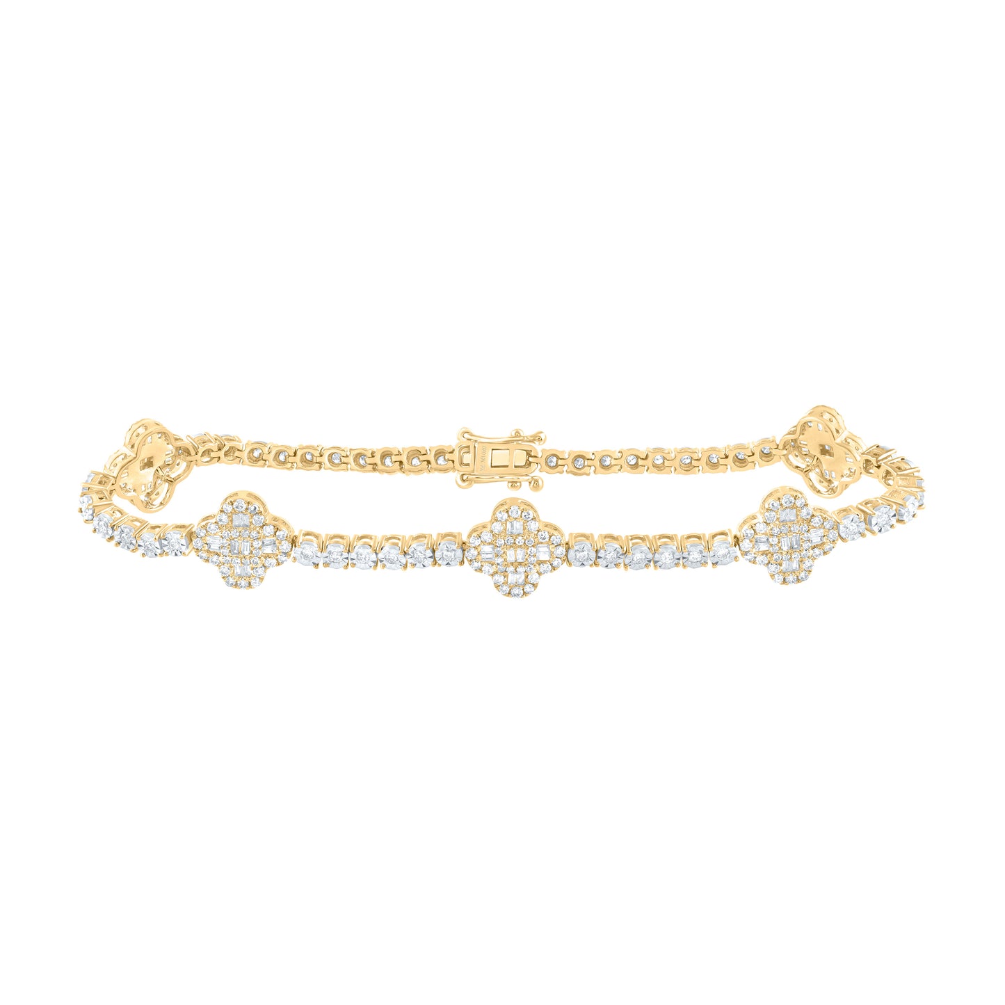 10kt Yellow Gold 1 1/2 Cttw Natural Diamond Fashion Clover Tennis Bracelet, Length: 7 Inch