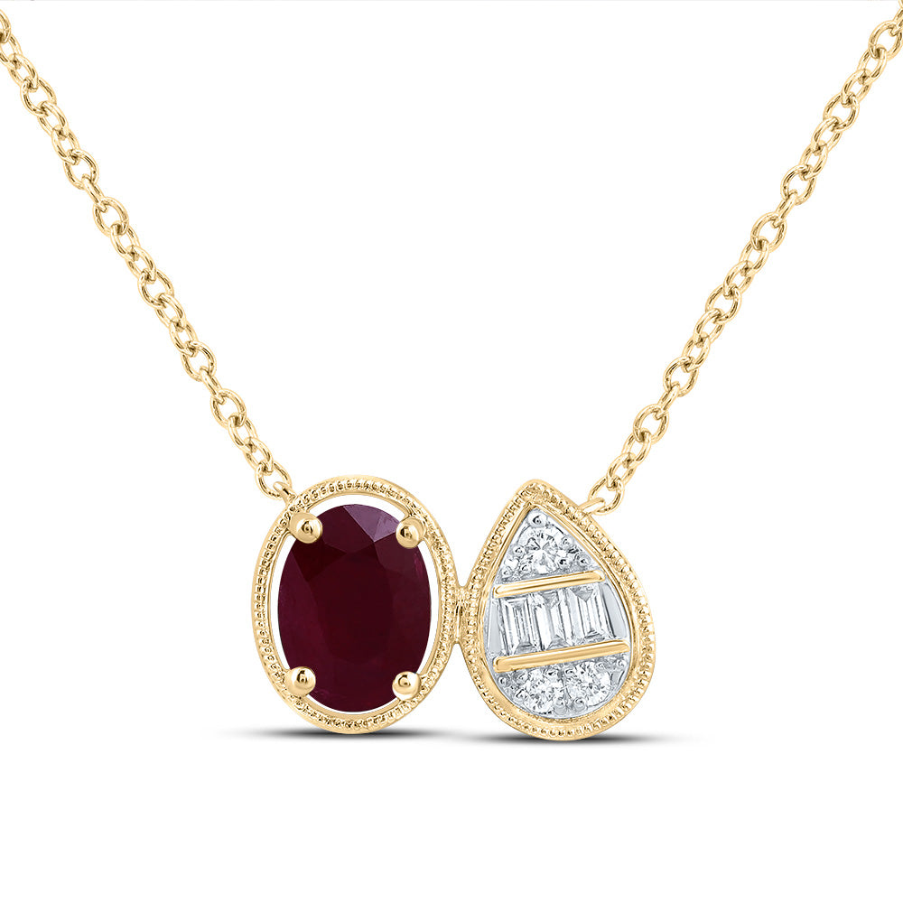 14kt Yellow Gold 1/10 Cttw Diamond Ana M 7x5mm Oval Ruby Natural Gem Pear Ovalal Necklace, Length: 18 Inch