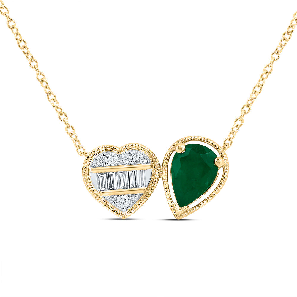 14kt Yellow Gold 1/8 Cttw Natural Diamond Ana M 7x5mm Pear Emerald Natural Gem Pear-heart Necklace, Length: 18 Inch