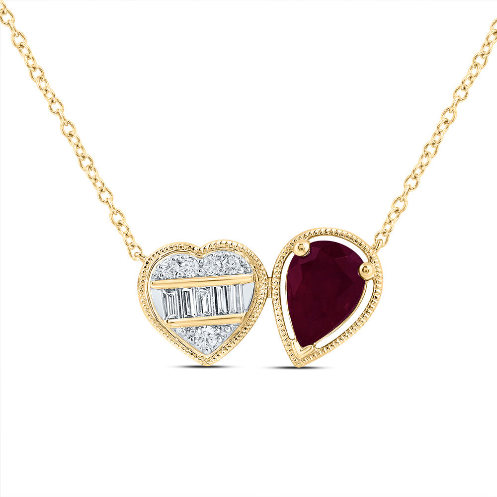 14kt Yellow Gold 1/8 Cttw Natural Diamond Ana M 7x5mm Pear Ruby Natural Gem Pear-heart Necklace, Length: 18 Inch