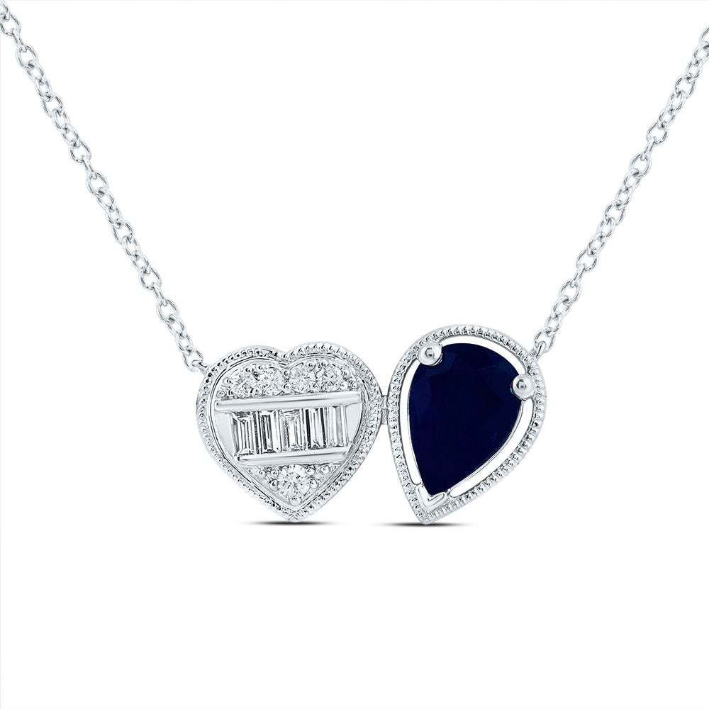 14kt Yellow Gold 1/8 Cttw Natural Diamond Ana M 7x5mm Pear Blue Sapphire Natural Gem Pear-heart Necklace, Length: 18 Inch