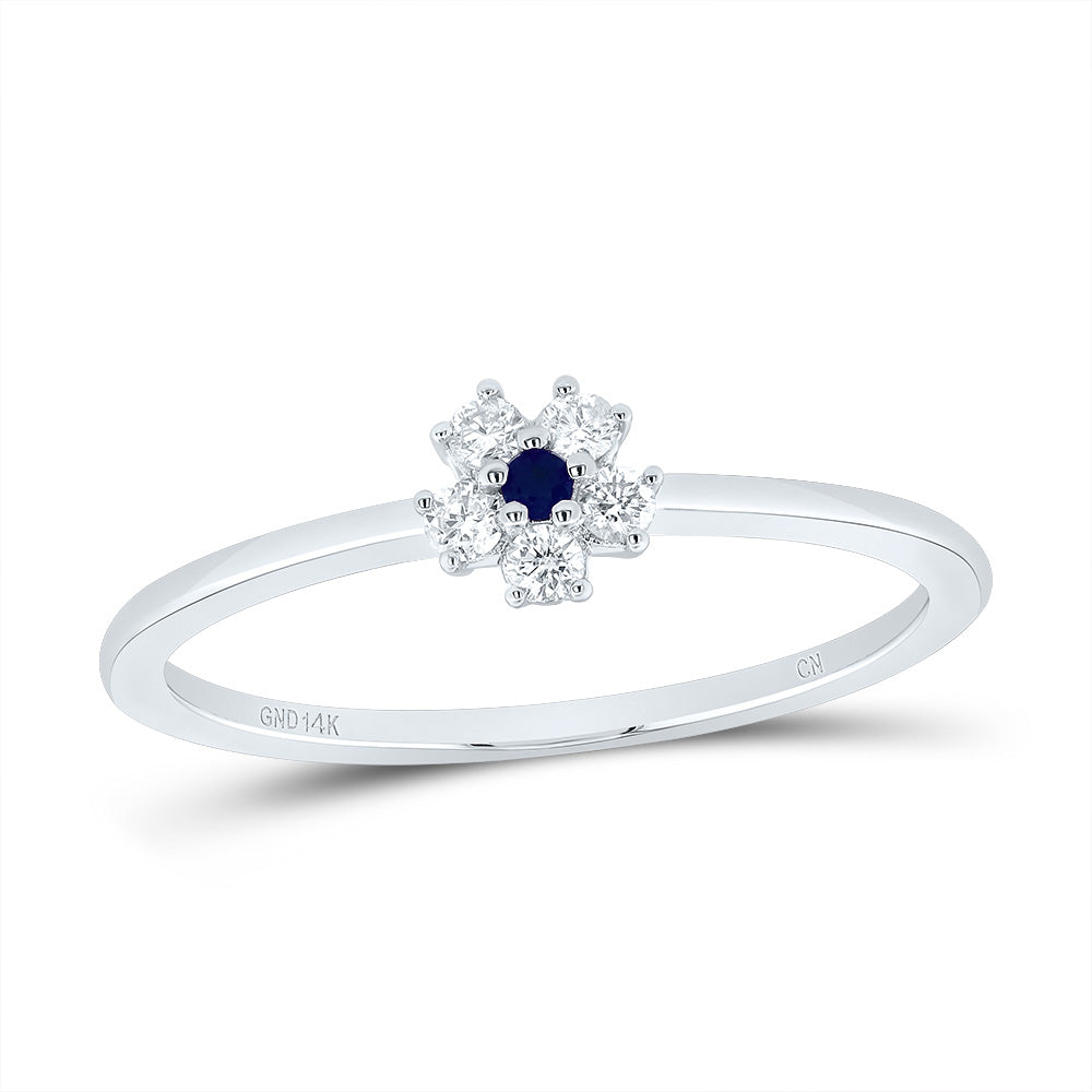 14kt White Gold 1/10 Cttw Diamond 1.55mm Round Blue Sapphire Natural Gem Flower Wedding Engagement Anniversary Ladies Ring, Women Size: 5-9