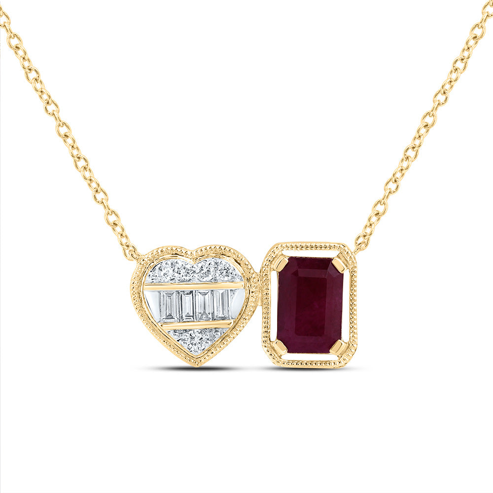 14kt Yellow Gold 1/10 Cttw Natural Diamond Ana M 6x4mm-em Ruby Natural Gem Emerald-heart Necklace, Length: 18 Inch