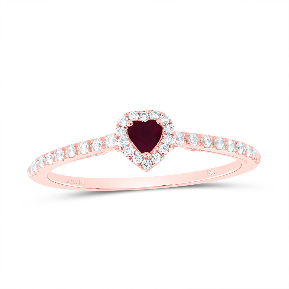 14kt Rose Gold 1/5 Cttw Natural Diamond Ana M 3mm Heart Ruby Natural Gem Heart Wedding Engagement Anniversary Ring, Women Size: 5-9
