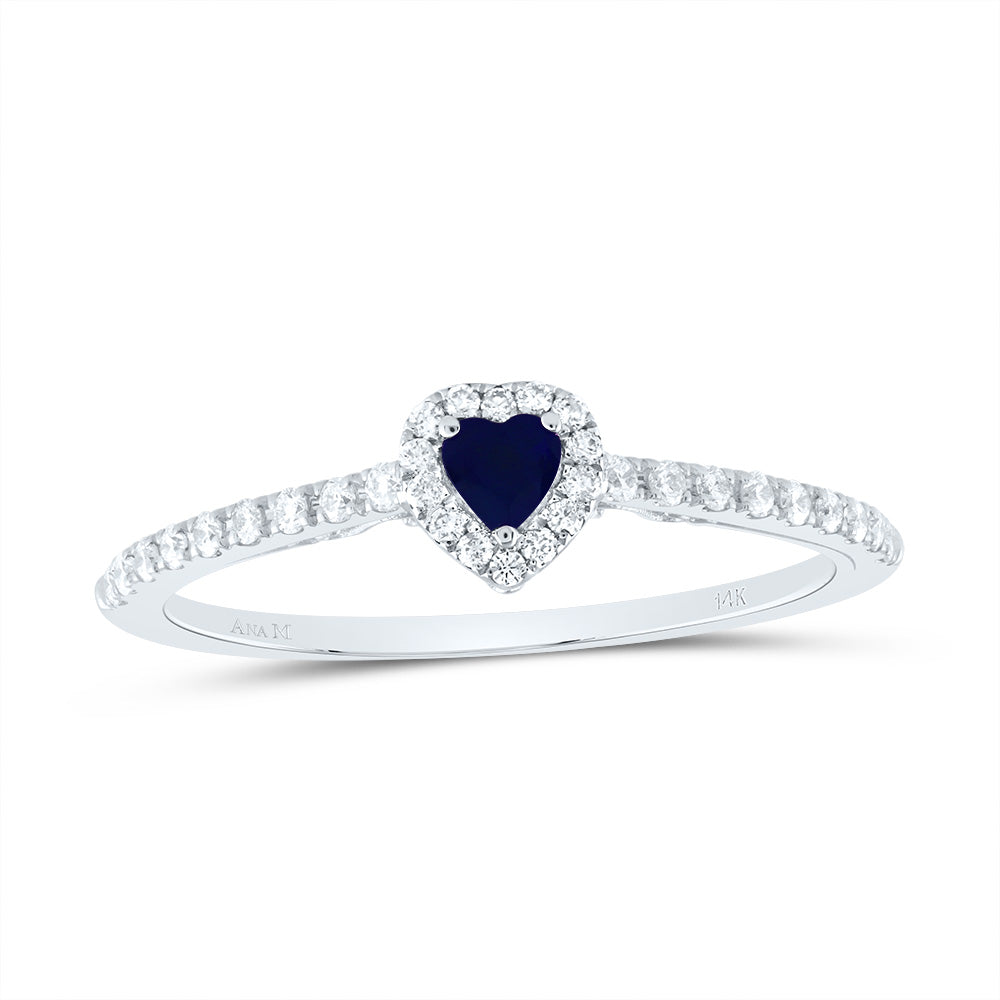 14kt White Gold 1/5 Cttw Natural Diamond Ana M 3mm Heart Blue Sapphire Natural Gem Heart Wedding Engagement Anniversary Ring, Women Size: 5-9