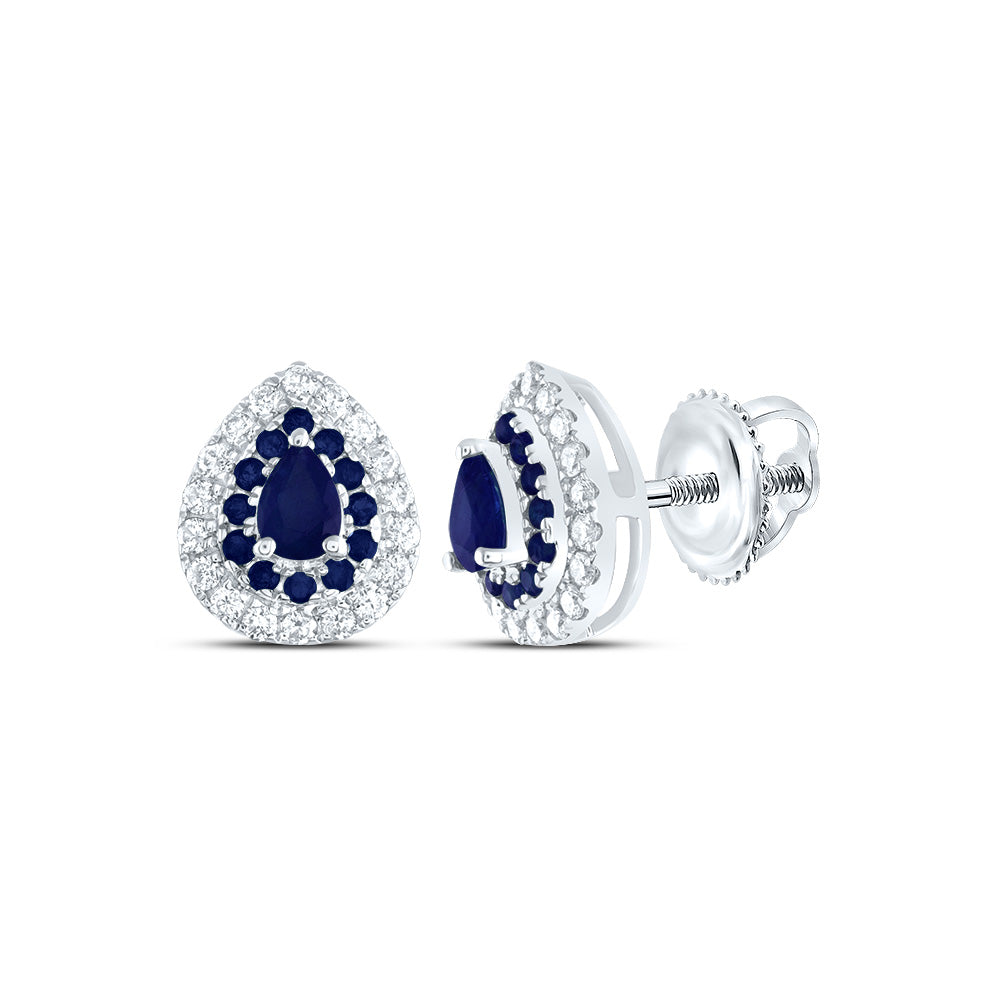 14kt White Gold 1/5 Cttw Diamond Ana M and 1/6 Cttw Round Blue Sapphire, 4x3mm Pear Blue Sapphire, Natural Gem Pear Stud Earring