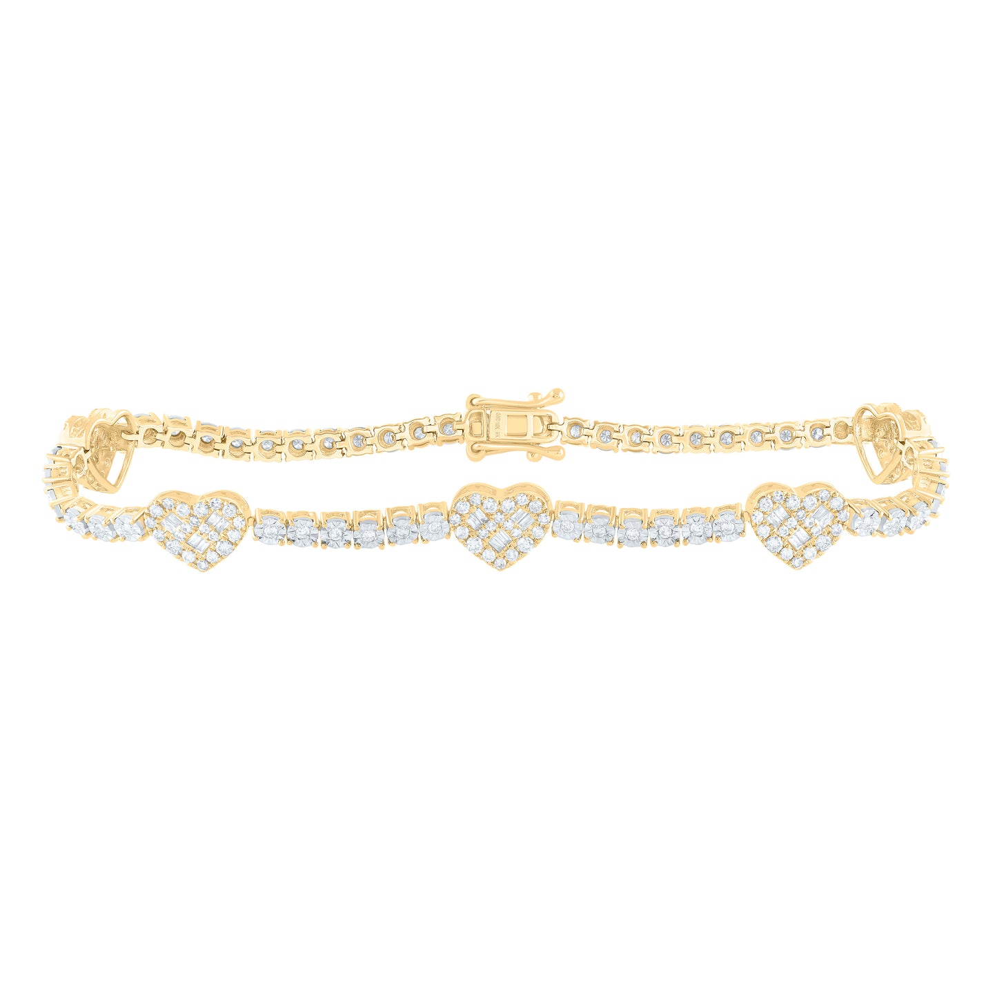 10K Yellow or White Gold 1 Ctw Natural Diamond Fashion Heart Tennis Bracelet (7 Inch)
