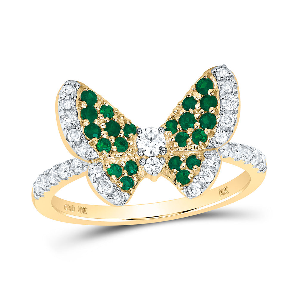 10kt Yellow Gold 1/3 Cttw Diamond and 1/3 Cttw Round Emerald Nat-gem Wedding Engagement Anniversary Butterfly Ring, Women Size: 5-9