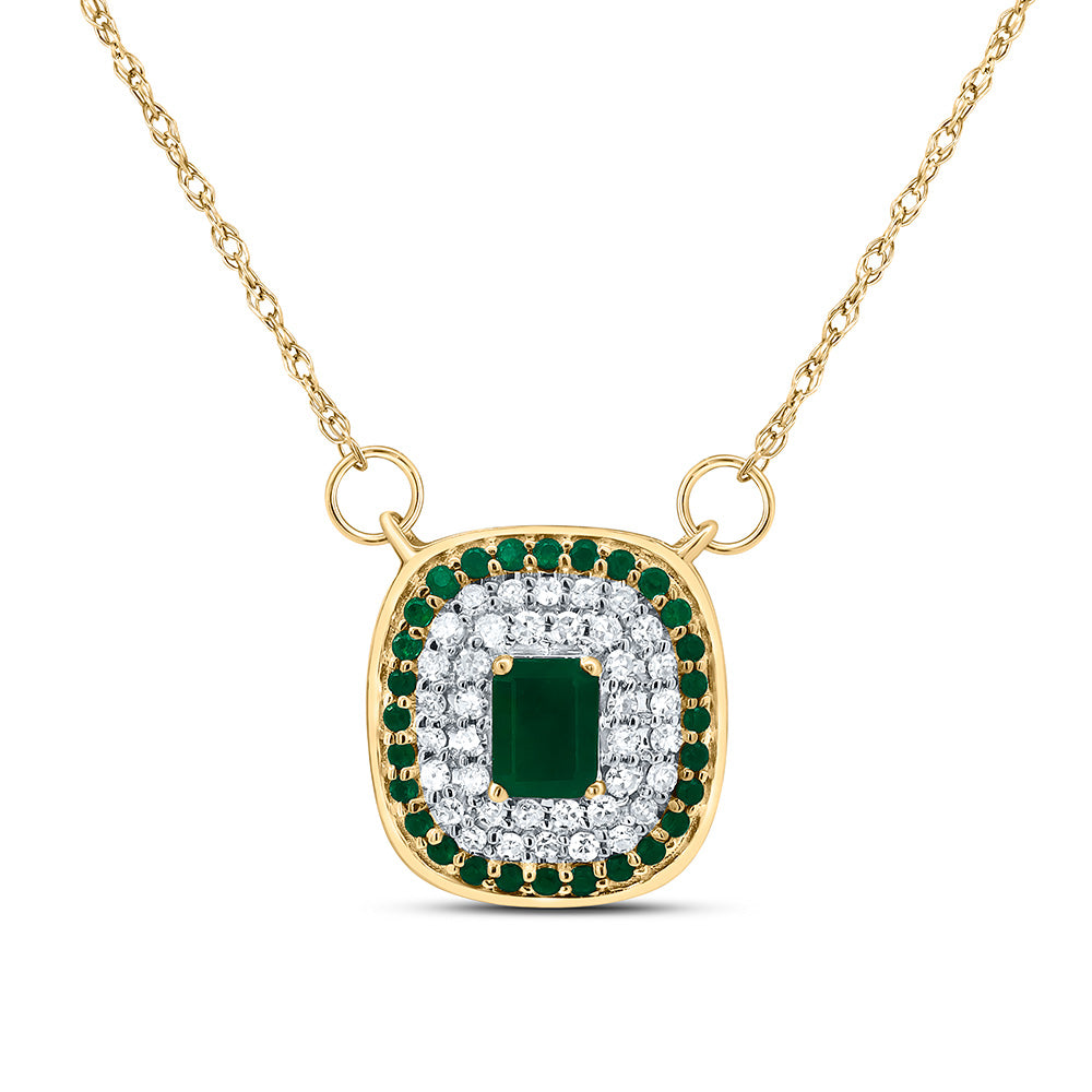 14kt Yellow Gold 1/8 Cttw Diamond and 1/12 Cttw Round Emerald Shape, 4x3mm Emerald Shape Emerald Nat-gem Cushion Necklace, Length: 18 Inch