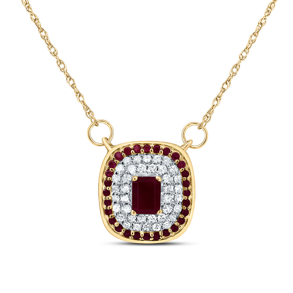 14kt Yellow Gold 1/8 Cttw Diamond and 1/8 Cttw Round-ru, 4x3mm-em Ruby Nat-gem Cushion Necklace, Length: 18 Inch