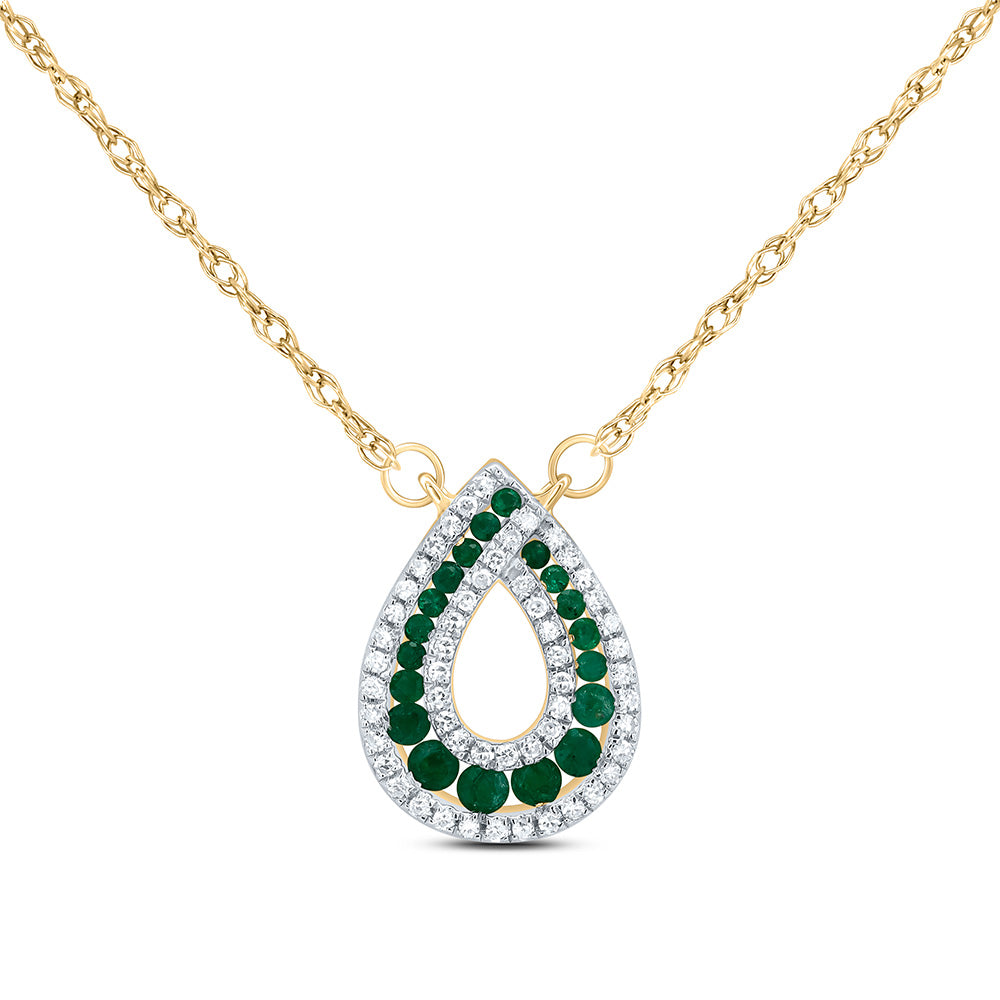14kt Yellow Gold 1/6 Cttw Diamond and 1/4 Cttw Round Emerald Nat-gem Pear Necklace, Length: 18 Inch
