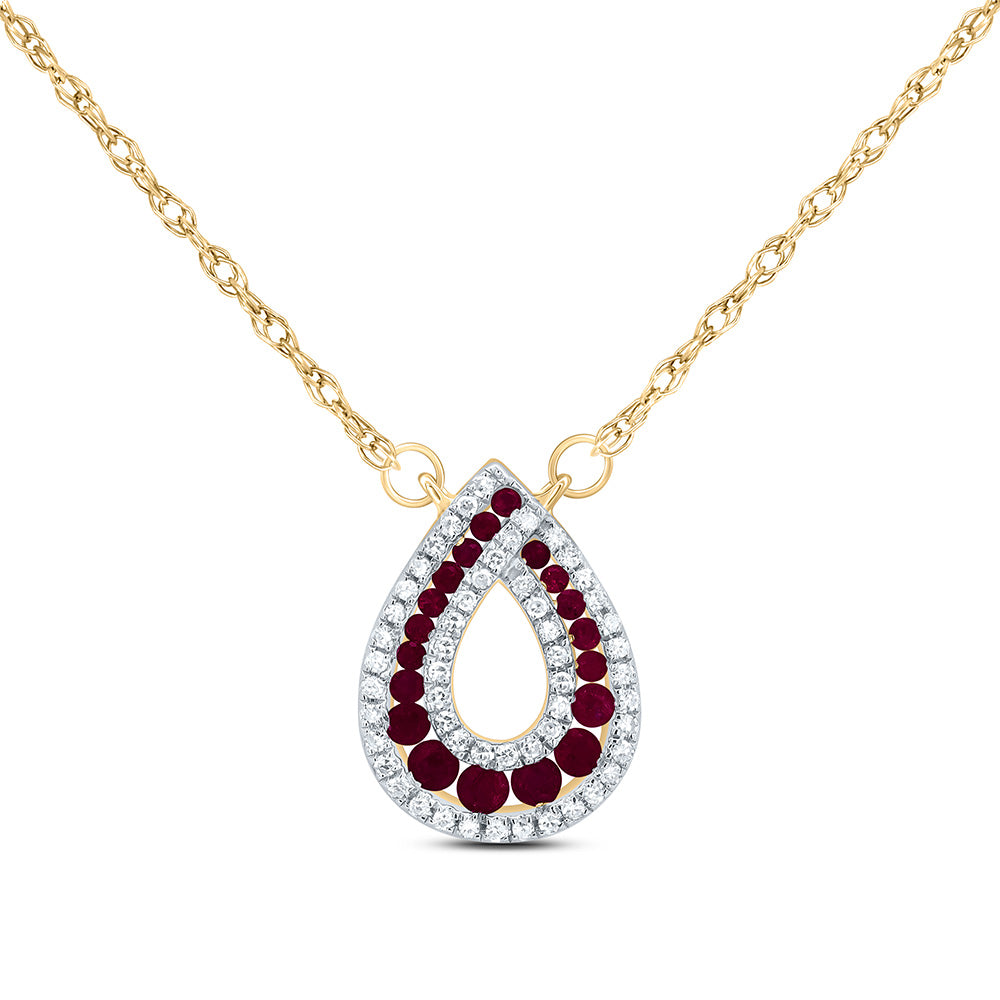 14kt Yellow Gold 1/6 Cttw Diamond and 1/3 Cttw Round Ruby Nat-gem Pear Necklace, Length: 18 Inch