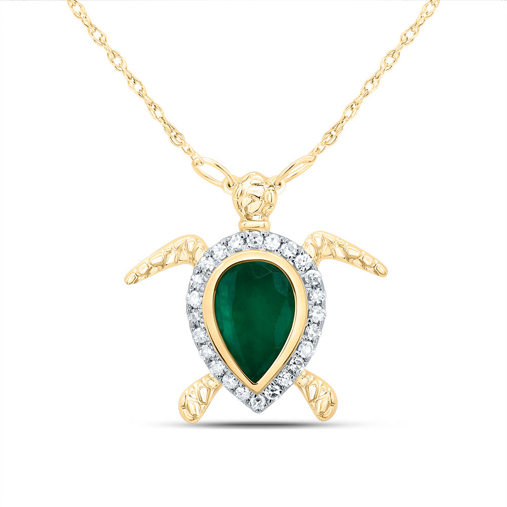 14kt Yellow Gold 1/10 Cttw Diamond 7x5 Mm Pear Emerald Nat-gem Turtle Necklace, Length: 18 Inch