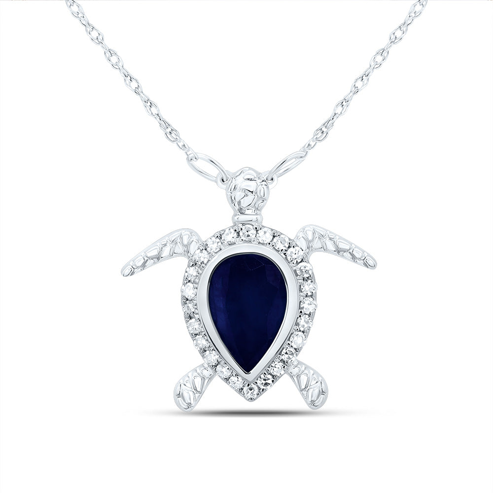14kt White Gold 1/10 Cttw Diamond 7x5 Mm Pear Blue Sapphire Nat-gem Turtle Necklace, Length: 18 Inch