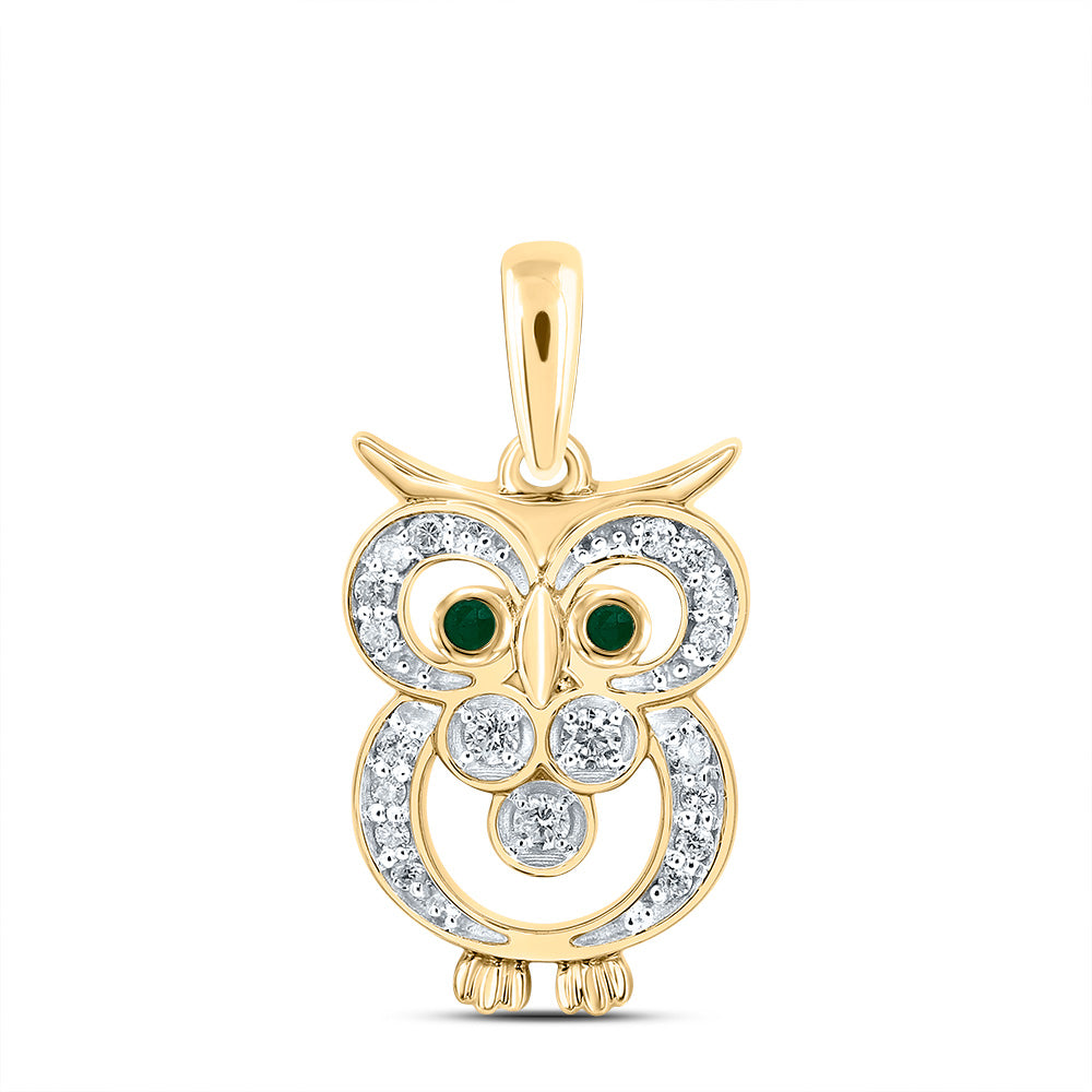 10kt Yellow Gold 1/10 Cttw Diamond 0.02 Cttw Round Emerald Nat-gem Owl Pendant