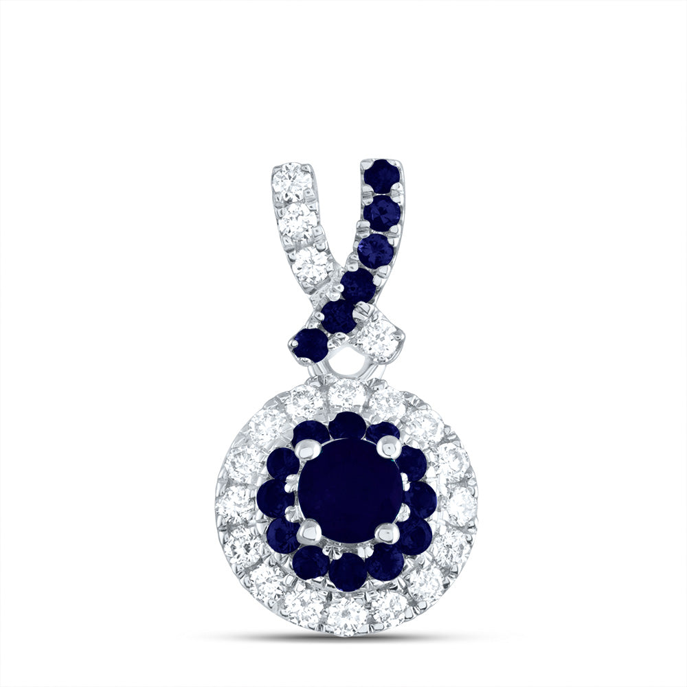14kt White Gold 1/8 Cttw Diamond Ana M and 1/4 Cttw Round Blue Sapphire, Natural Gem Round Pendant