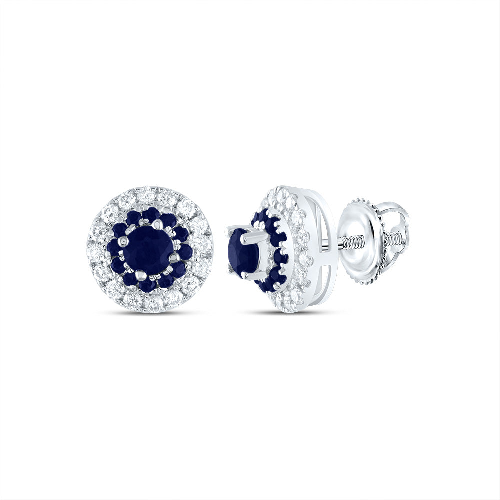 14kt White Gold 1/5 Cttw Diamond Ana M and 1/2 Cttw Round Blue Sapphire, Natural Gem Round Stud Earring
