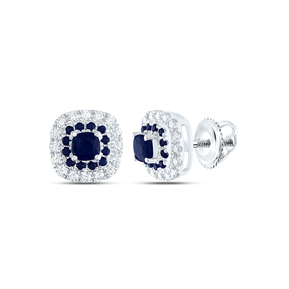 14kt White Gold 1/5 Cttw Diamond Ana M and 1/6 Cttw Round Blue Sapphire, 3mm Cushion Blue Sapphire, Natural Gem Cushion Stud Earring