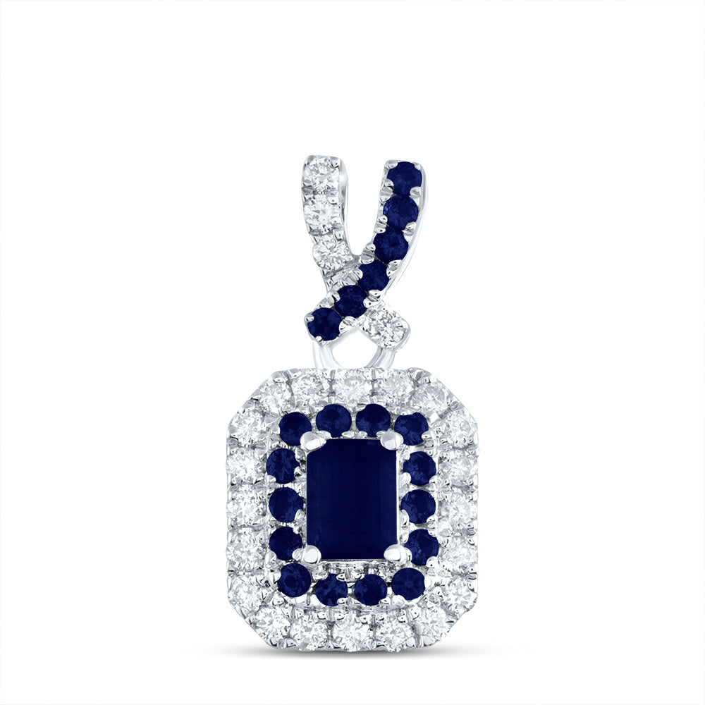 14kt White Gold 1/6 Cttw Diamond Ana M and 1/10 Cttw Round Blue Sapphire, 4x3mm Emerald Shape Blue Sapphire, Natural Gem Emerald Pendant