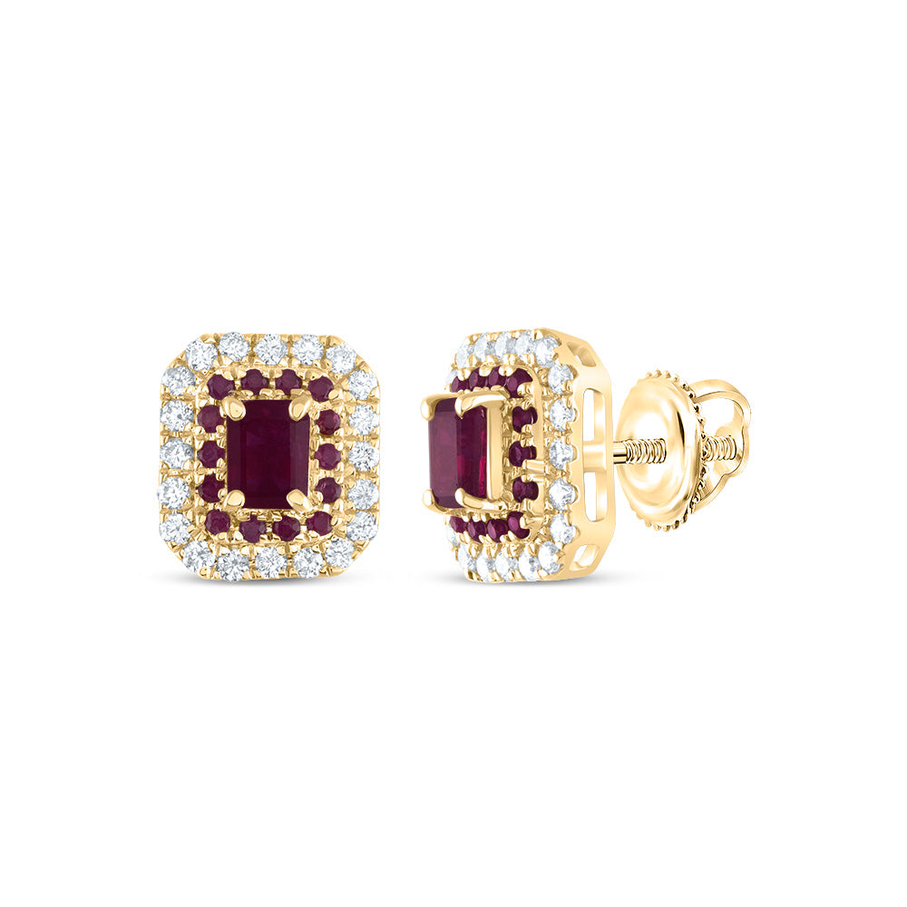 14kt Yellow Gold 1/4 Cttw Diamond Ana M and 1/8 Cttw Round Ruby, 4x3mm Emerald Shape Ruby, Natural Gem Emerald Stud Earring
