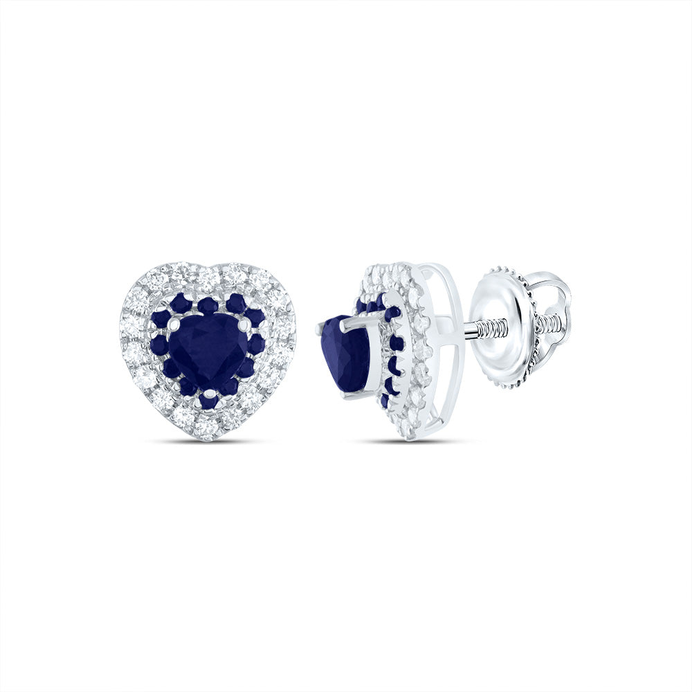 14kt White Gold 1/5 Cttw Natural Diamond Ana M and 1/8 Cttw Round Blue Sapphire, 3.5mm-heart Blue Sapphire, Natural Gem Heart Stud Earring
