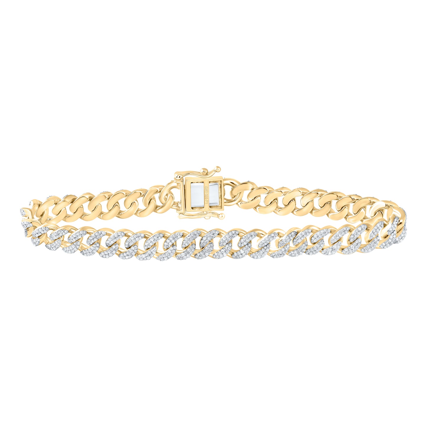 Yellow-tone Sterling 2 3/4 Cttw Natural Diamond 8mm Cuban Men's Bracelet, Length: 8 Inch