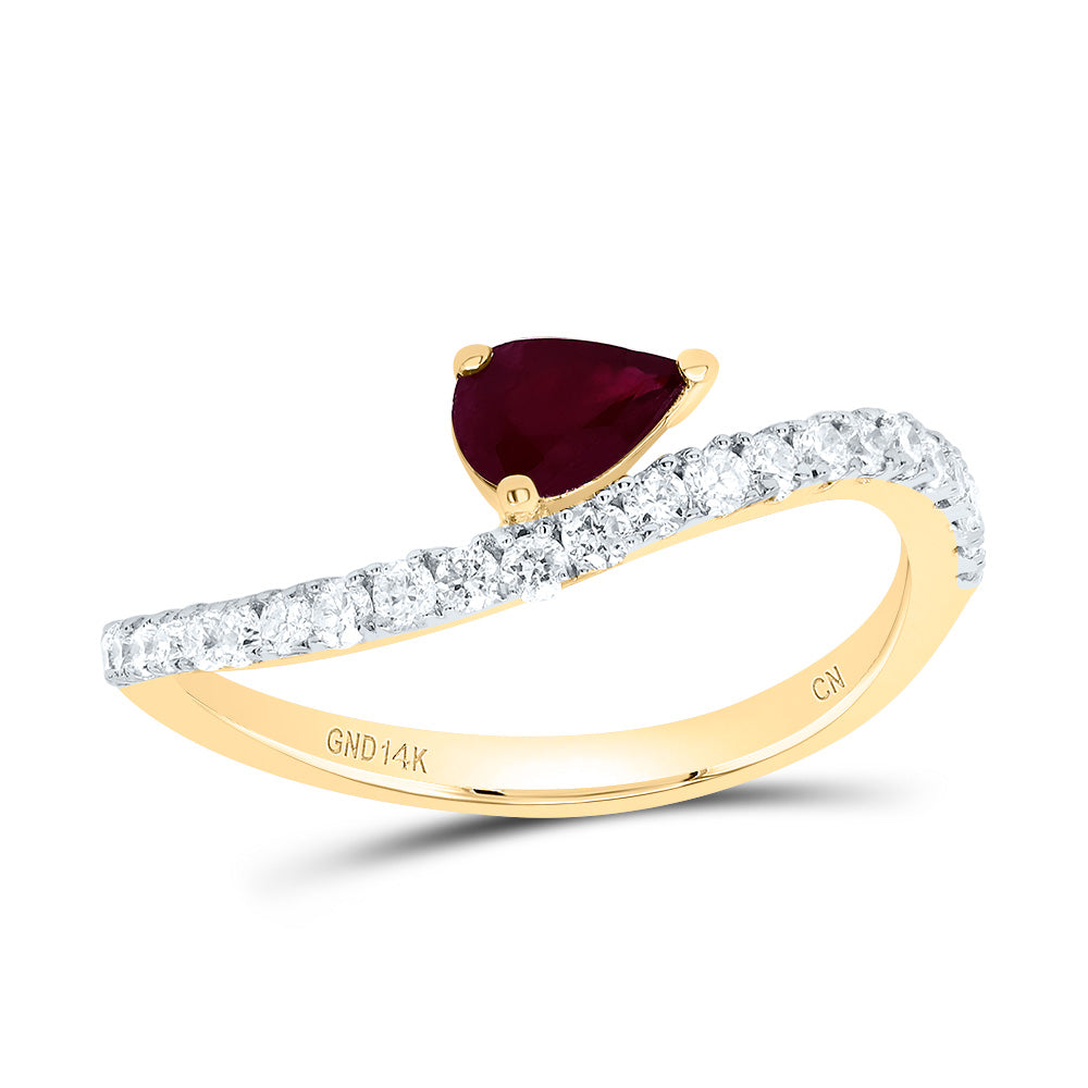 14kt Yellow Gold 1/3 Cttw Diamond 6x4mm Pear Ruby Nat-gem Wedding Engagement Anniversary Ladies Ring, Women Size: 5-9