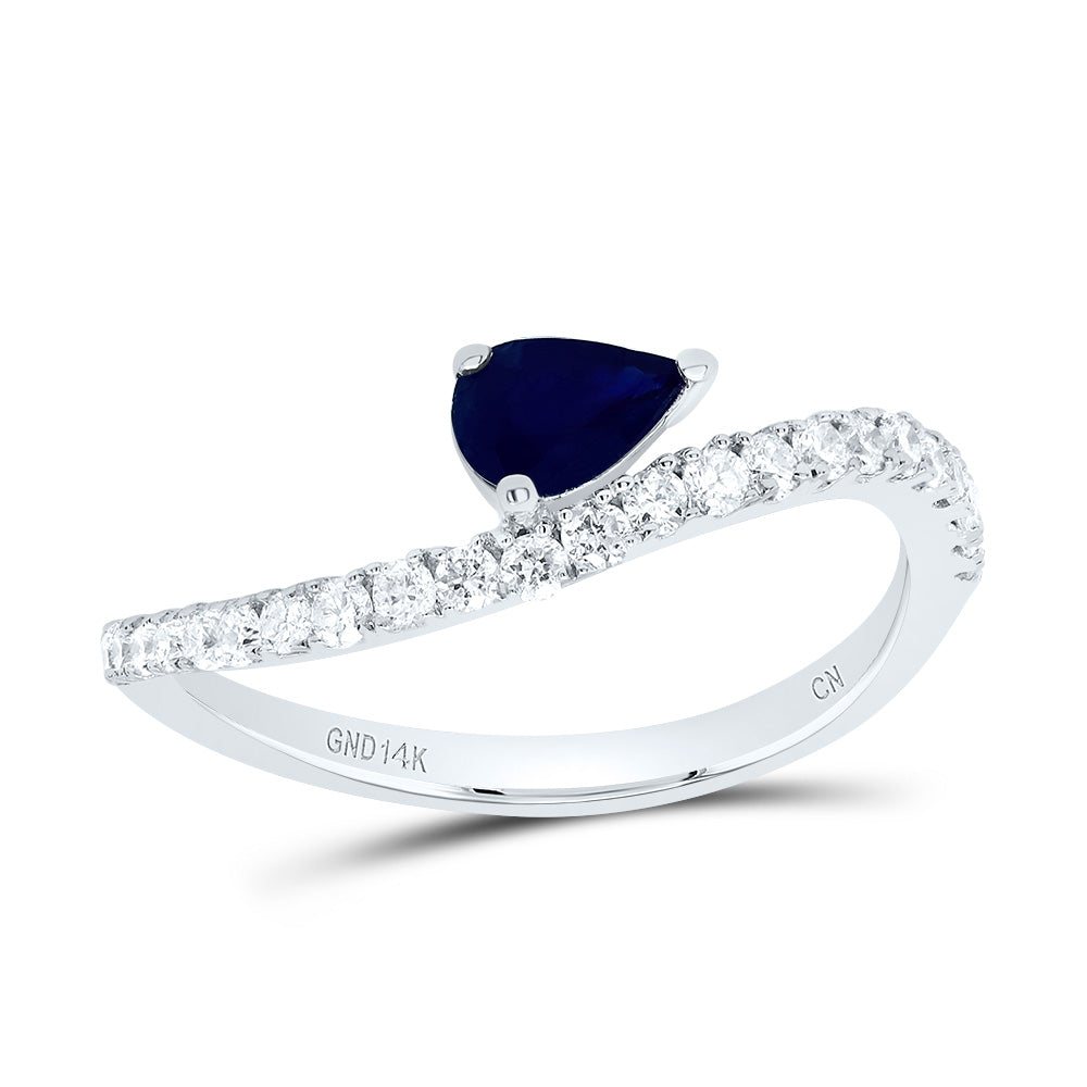 14kt White Gold 1/3 Cttw Diamond 6x4mm Pear Blue Sapphire Nat-gem Wedding Engagement Anniversary Ladies Ring, Women Size: 5-9