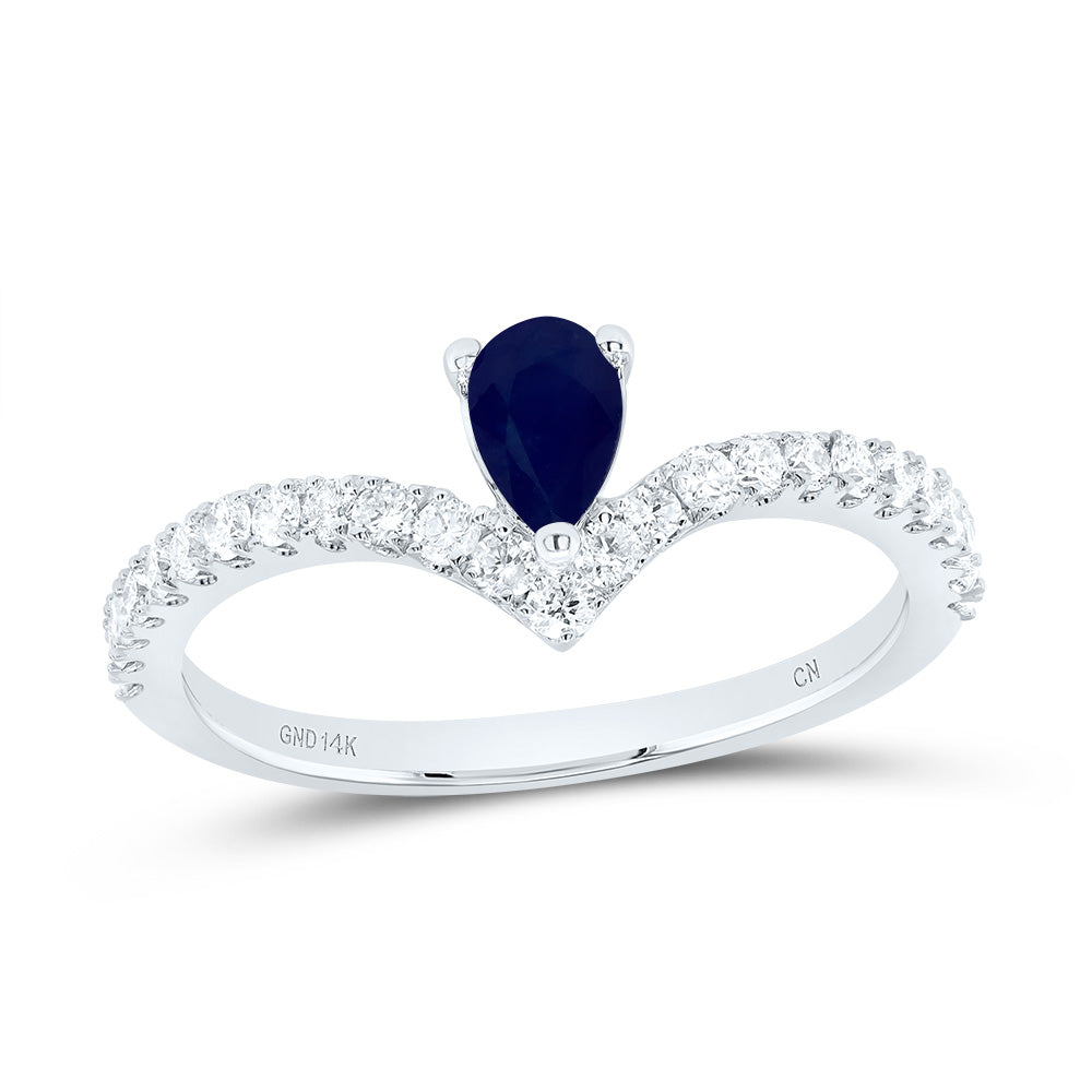 14kt White Gold 1/3 Cttw Diamond 6x4mm Pear Blue Sapphire Nat-gem Wedding Engagement Anniversary Ladies Ring, Women Size: 5-9