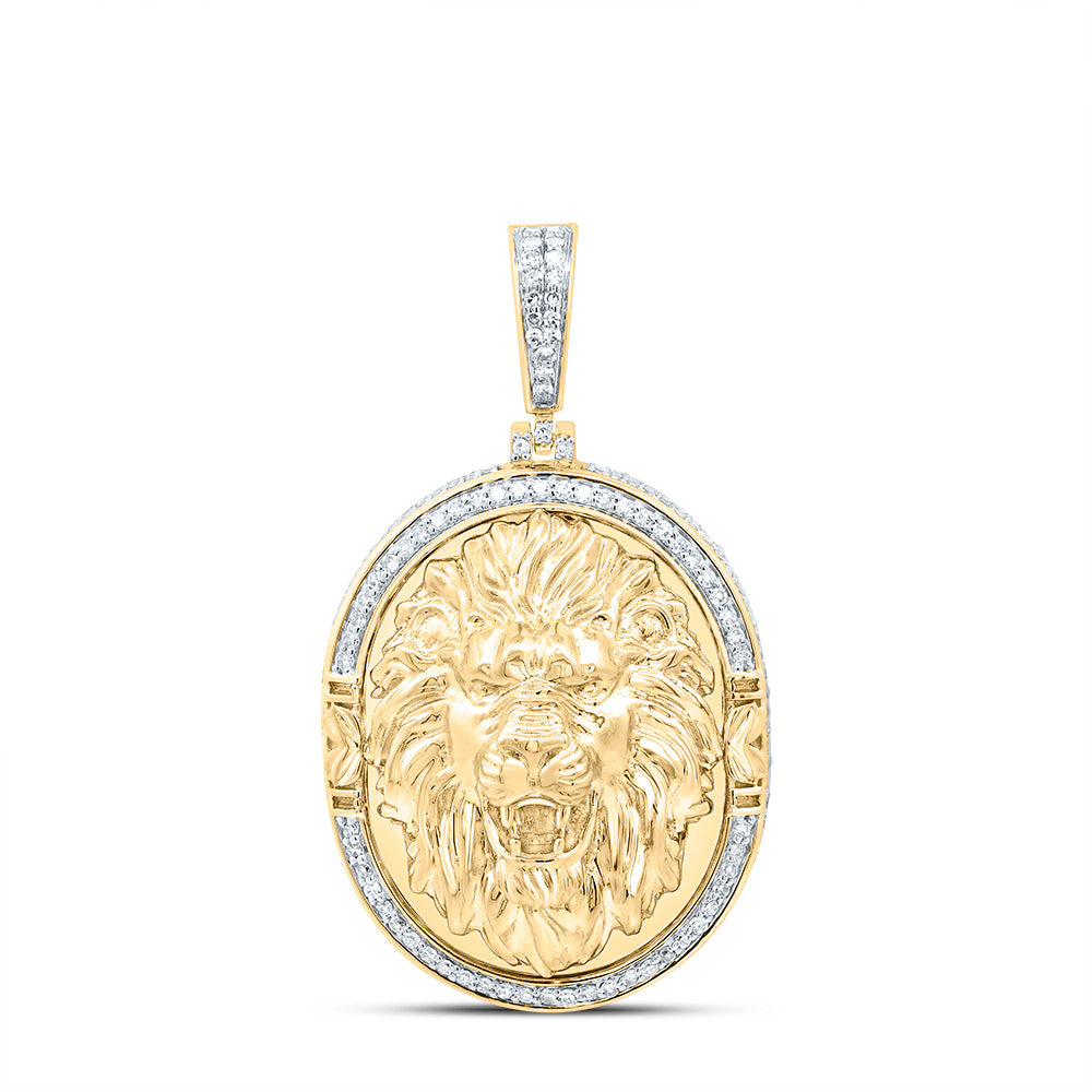 10K Yellow Gold 1 Ctw Diamond Fashion Lion Face Oval Mens Charm