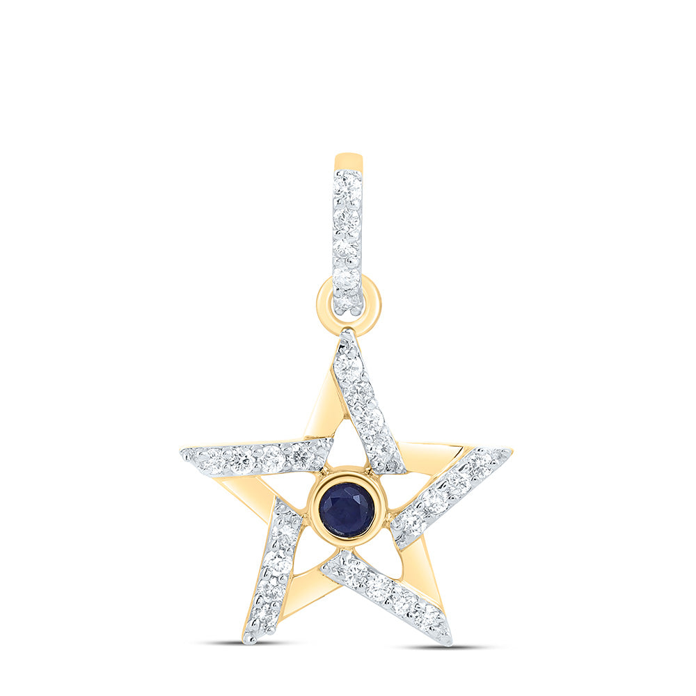 10kt Yellow Gold 1/12 Cttw Diamond 1.7mm Round Blue Sapphire Nat-gem Star Pendant