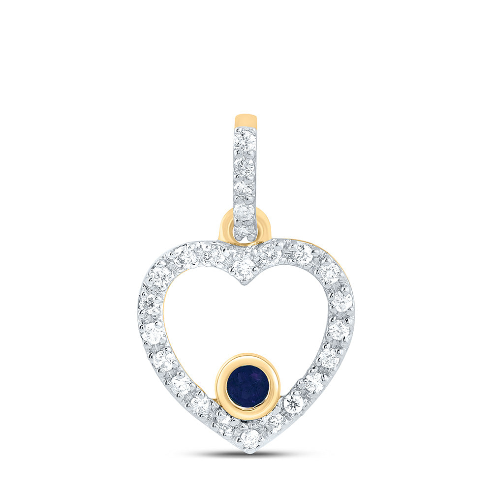 10kt Yellow Gold 1/12 Cttw Natural Diamond 1.8mm Round Blue Sapphire Nat-gem Heart Pendant