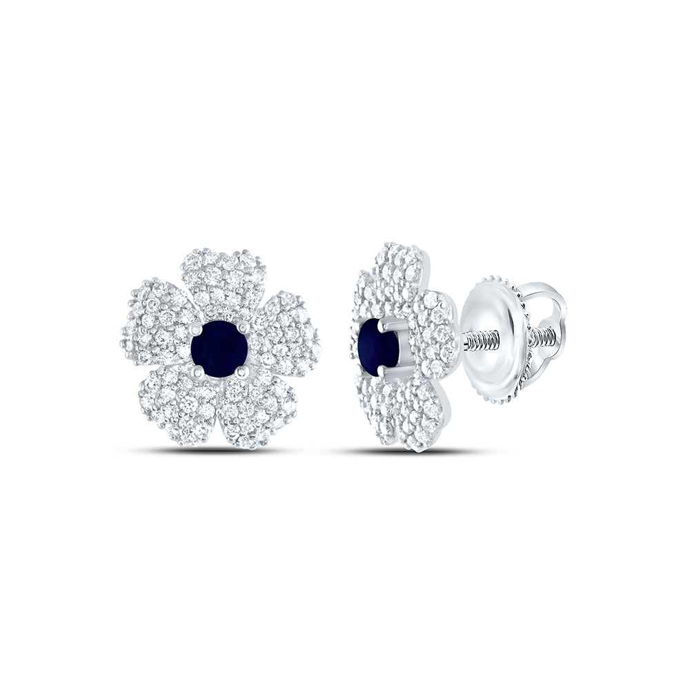 14kt White Gold 3/8 Cttw Natural Diamond Ana M 2.8mm Round Blue Sapphire Natural Gem Flower Stud Earring